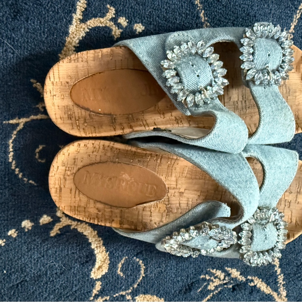 Mystique Light Blue sandals with Cork Sole and jewels. Gently worn